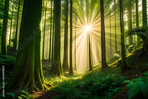 A mist-covered clearing in the haunted forest  where wisps of fog swirl around ancient tombstones. Dimly lit lanterns hover in the air  casting an ethereal glow on the supernatural surroundings