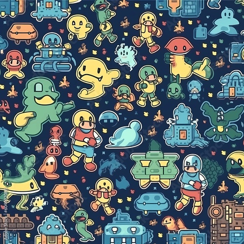 Retro video game pattern with 8-bit characters