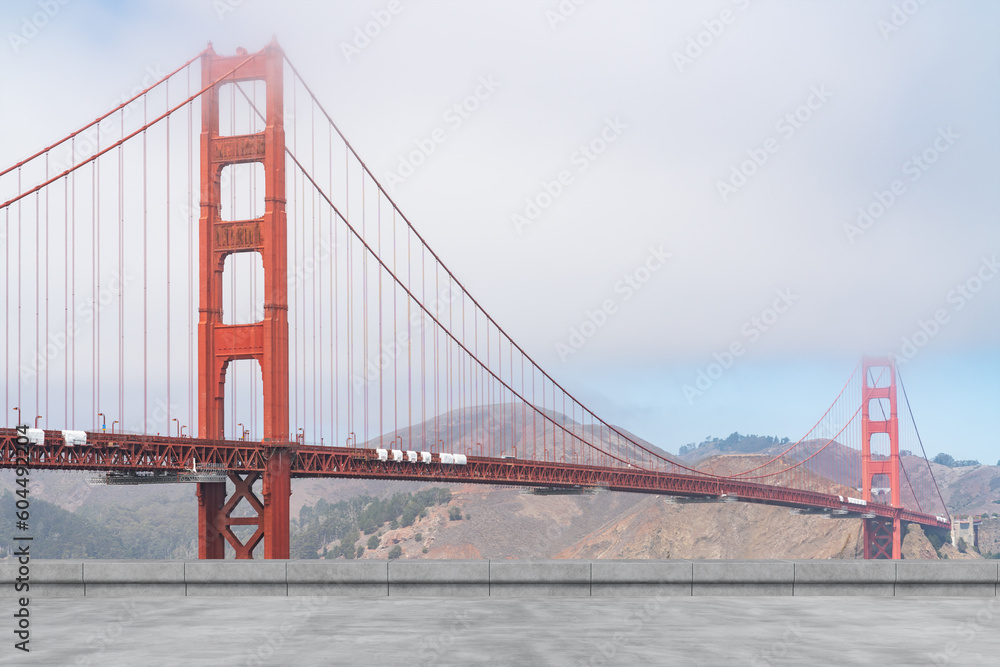 San Francisco Skyline Golden Gate bridge. Beautiful landmark. Day time. Empty rooftop View. Success concept.