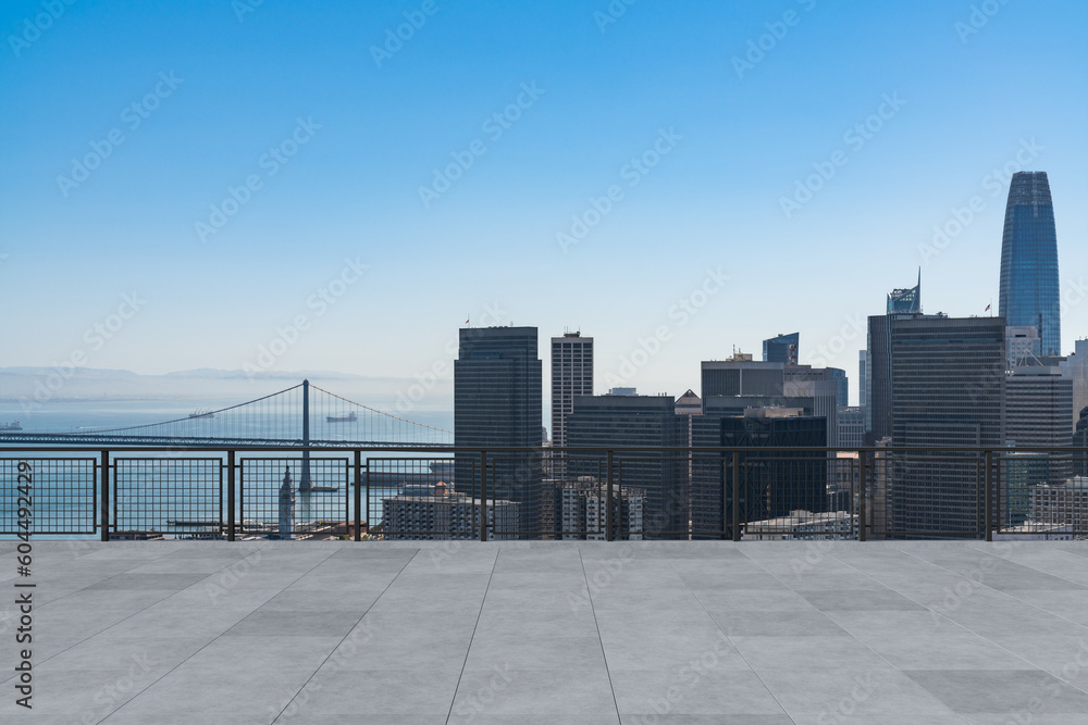 Skyscrapers Cityscape Downtown, San Francisco Skyline Buildings. Beautiful Real Estate. Day time. Empty rooftop View. Success concept.