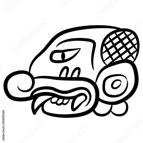 Ancient Mayan hieroglyph. Stylized human head. Black and white linear silhouette. Ethnic Native American symbol.