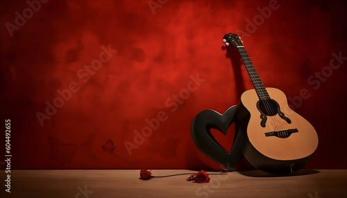 Strings of Love A Nostalgic Guitar Serenade Amidst Red Roses and Wine Red Walls, Generative AI