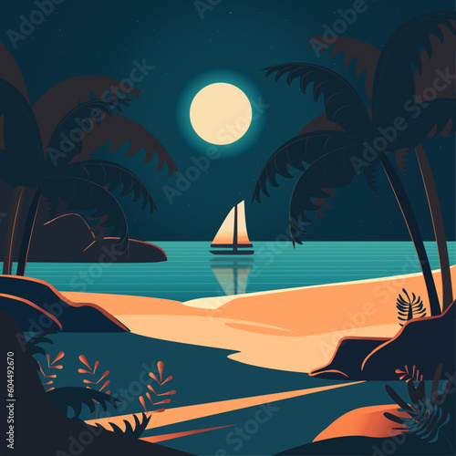 the moon is shining on a beautiful quiet summer night, the boat is drifting in the sea, the plants are beautifully illuminated on the shore