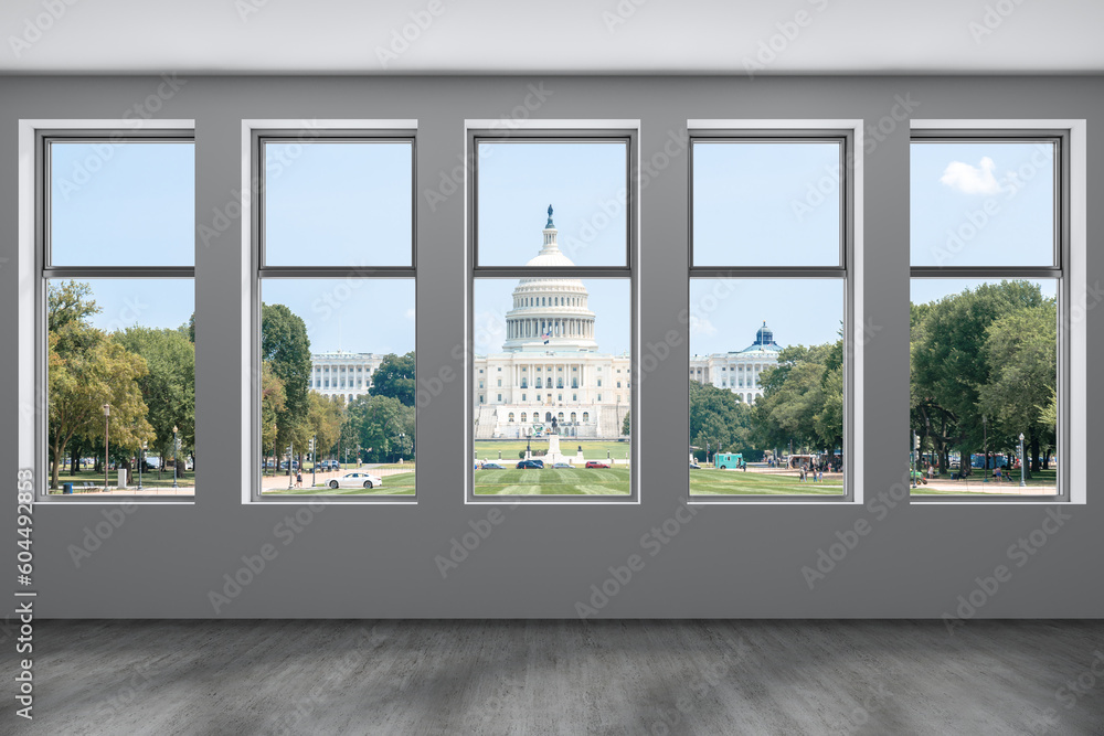 Obraz premium Empty room Interior View to Capitol Dome Cityscape Washington City Skyline Window background. Beautiful Real Estate. Day time. 3d rendering.