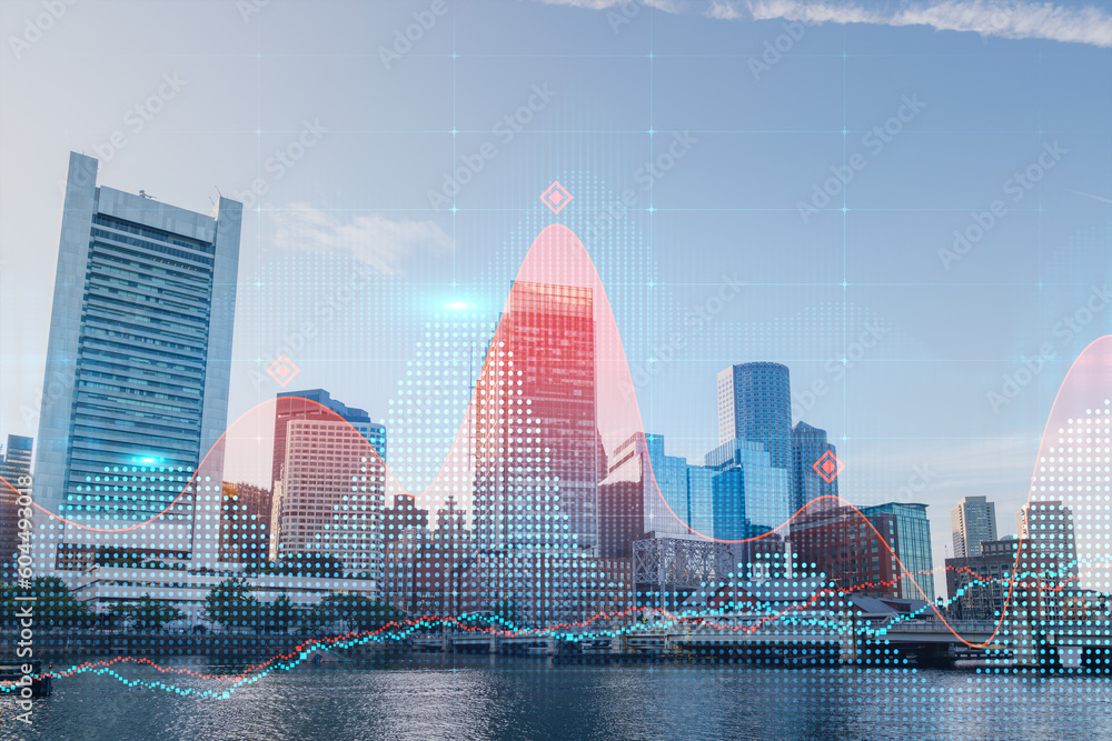 Obraz premium Skyscrapers Cityscape Downtown View, Boston Skyline Buildings. Beautiful Real Estate. Day time. Forex Financial graph and chart hologram. Business education concept.