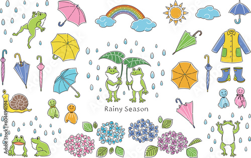 ６月　梅雨　カエルや紫陽花などのイラスト素材セット