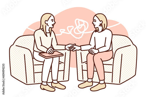 PTSDに苦しむ女性。話を聞くカウンセラーのイラスト素材。