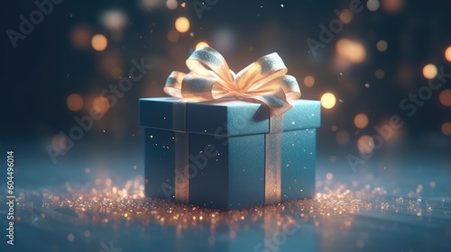 Gift box on blue background with glitter lights blurred bokeh. Christmas and New Year surprise gift box. generative ai © megavectors
