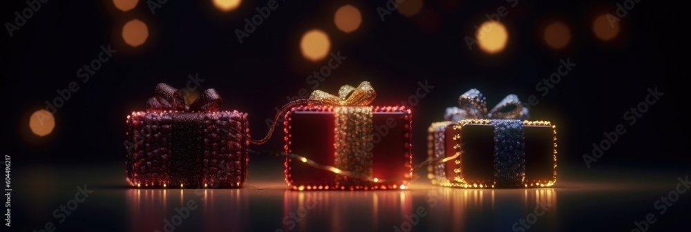Gift box on night dark background with glitter lights blurred bokeh. Christmas and New Year surprise gift box with bright lights led garlands. generative ai