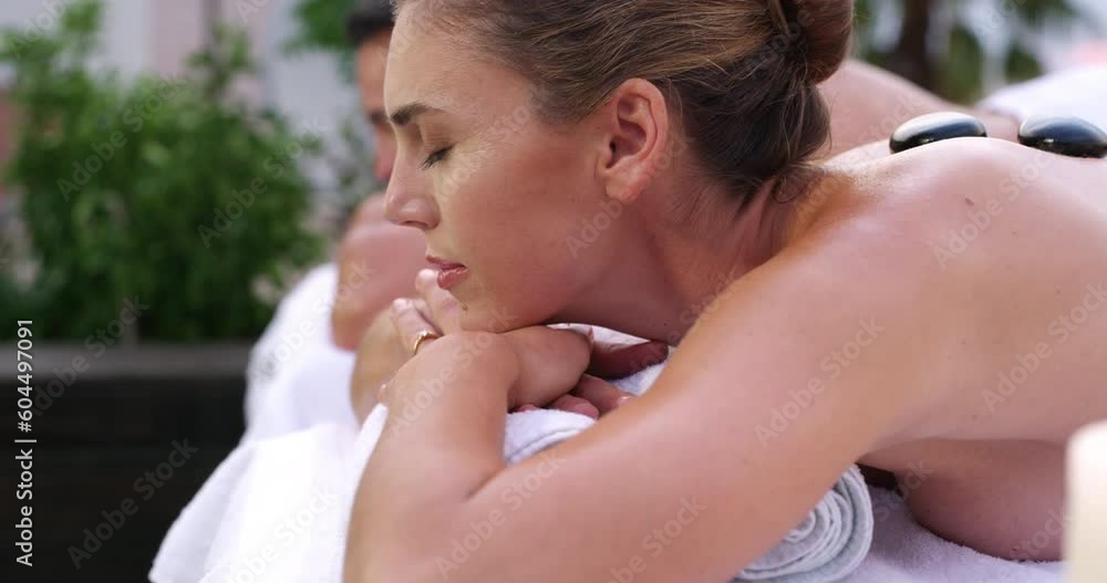 Couple, relax and sleeping in massage at spa on romantic vacation, getaway or body treatment together at resort. Man and woman in relationship sleeping or relaxing in physical therapy or zen at salon Couple, relax and sleeping in massage at spa on romantic vacation, getaway or body treatment together at resort. Man and woman in relationship sleeping or relaxing in physical therapy or zen at salon