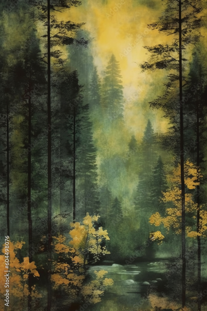 A tranquil forest landscape, poster art. AI generative