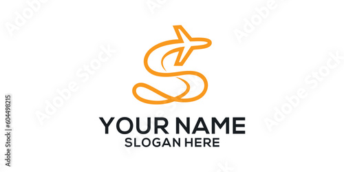 letter S with plane and airline logo vector template. Suitable for travel label, tourism, journey posters, flight company advertising, airways identity, and tech transportation