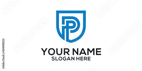 Abstract Letter P Shield logo design. Shield Line geometry for company Security logo