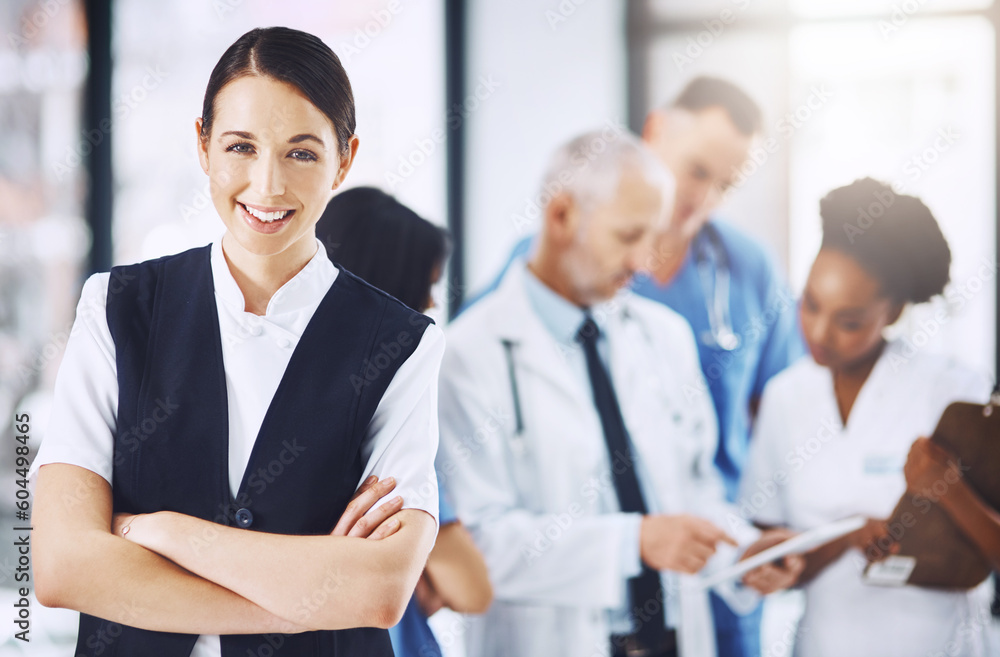 Healthcare, hospital and portrait of woman with arms crossed, smile and happiness with support in clinic. Health care, manager and medicine, confident and happy face of nurse or medical professional. Healthcare, hospital and portrait of woman with arms crossed, smile and happiness with support in clinic. Health care, manager and medicine, confident and happy face of nurse or medical professional.