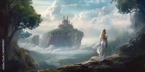 A Woman Wearing a Flowing Gown Standing on a Cliff Looking at a Castle Generative AI