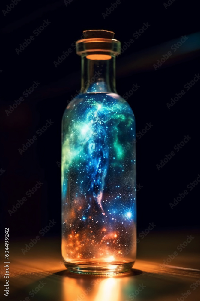 Glowing galaxy in a glass bottle. AI generative Glowing galaxy in a glass bottle. AI generative