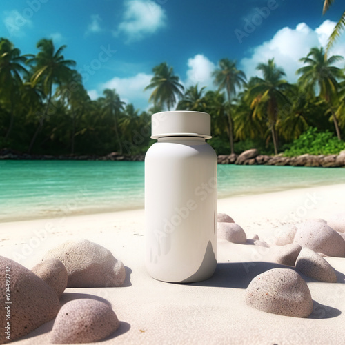 blank dietary supplement / medicine bottle on the beach © jeff