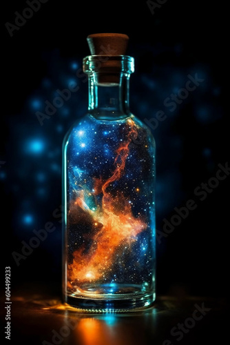 Glowing galaxy in a glass bottle. AI generative