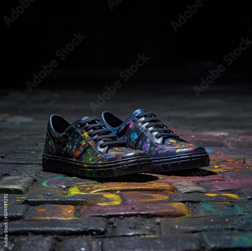 Shoes and Colorful Paint Splatters Atop a City Street Generative AI