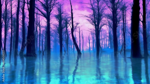 Trees in a forest with water on it  in the style of blur silhouette  with a blue purple tone. AI generative