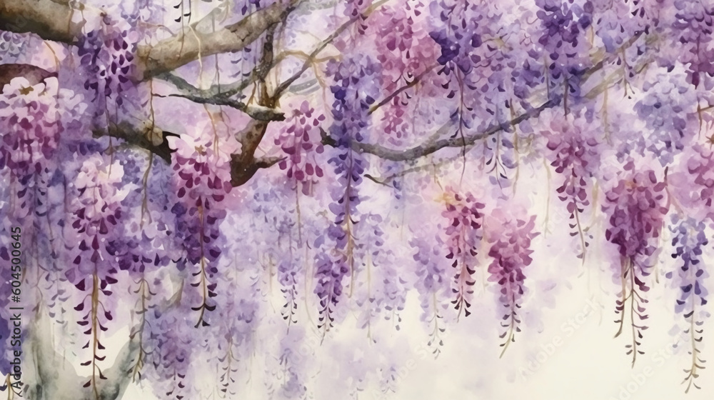 Wisteria garden watercolour, white background. AI generative Wisteria garden watercolour, white background. AI generative