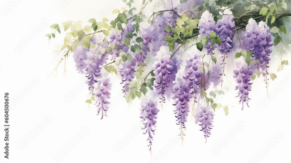 Wisteria garden watercolour, white background. AI generative Wisteria garden watercolour, white background. AI generative