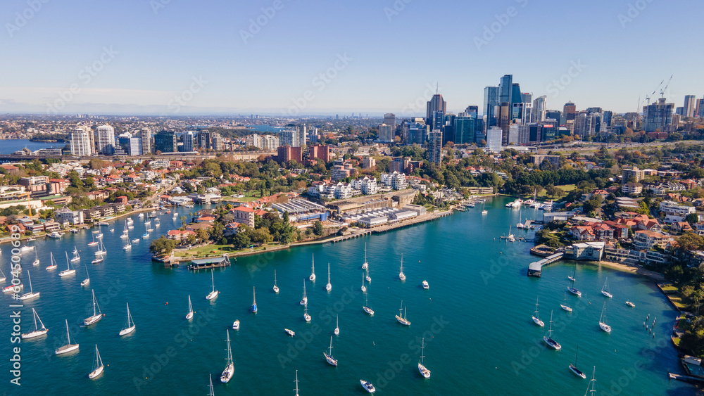Aerial drone view of North Sydney, NSW Australia looking toward Anderson Park and Milson Park on a sunny morning 