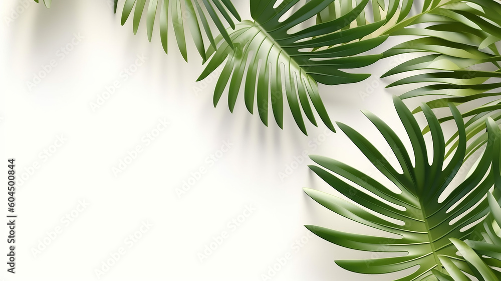 Fresh tropical green palm branch in sunlight leaf shadow. 