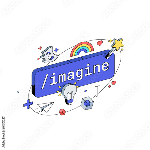 Imagine button command in Chatbot. Search by Images and Ideas Prompts. 3d isometric Vector illustration.
