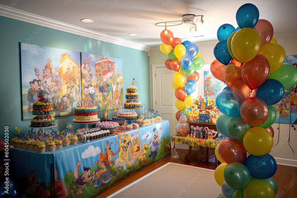 Cartoon children's birthday party, happy kids, balloons, cake, presents, gifts, banners, confetti, party hats, streamers - obrazy, fototapety, plakaty 