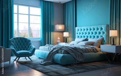 Modern beautiful cyan bedroom with plush bedding and cozy armchair  Generative AI 