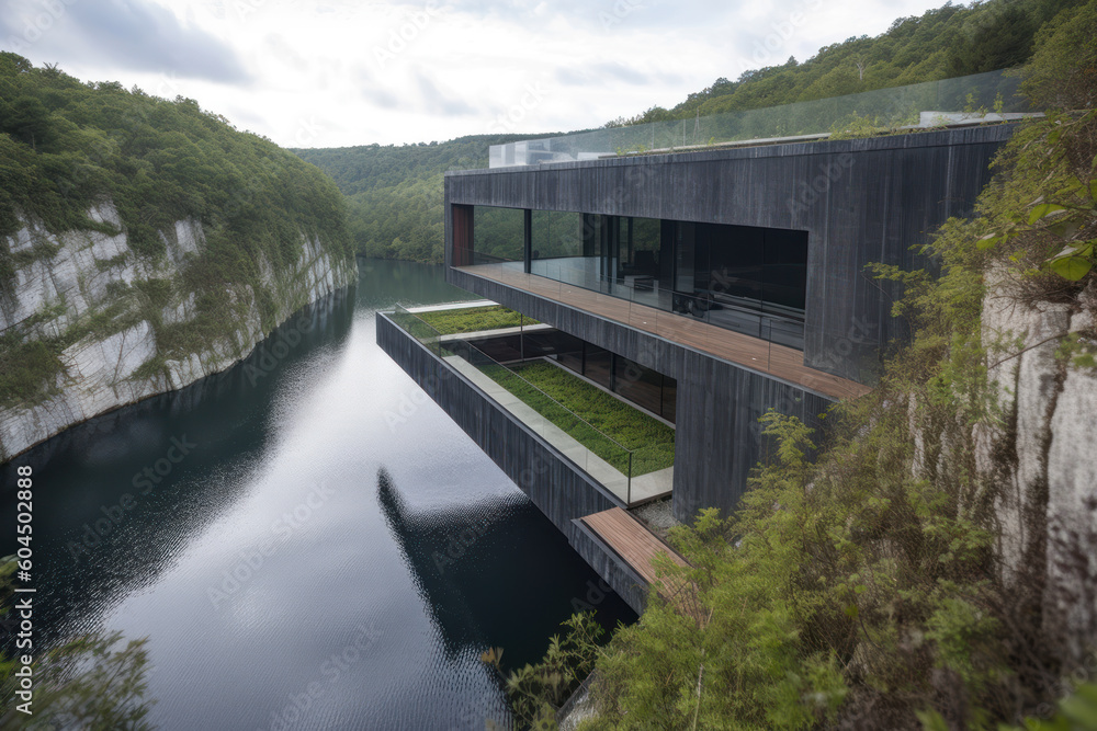Modern high-tech mansion on the lake. Photorealistic illustration generative AI.