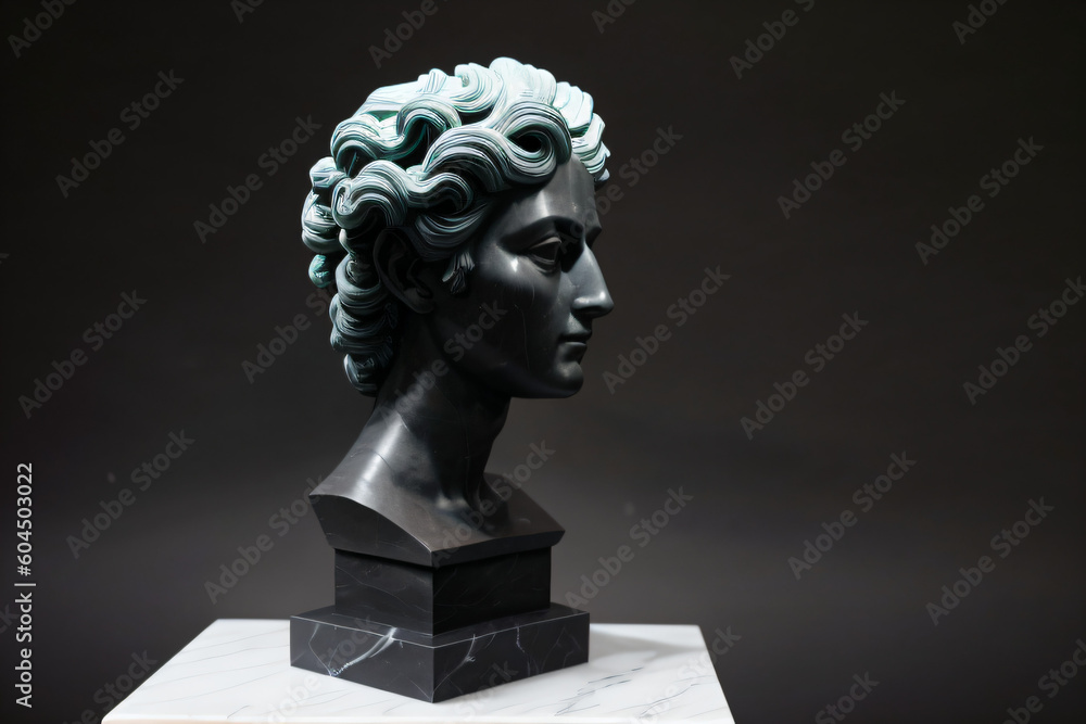 Obraz premium Stone statue of a woman from ancient Greece. Greek culture. Roman era art and history. Side profile of a statue. On a marble slab.