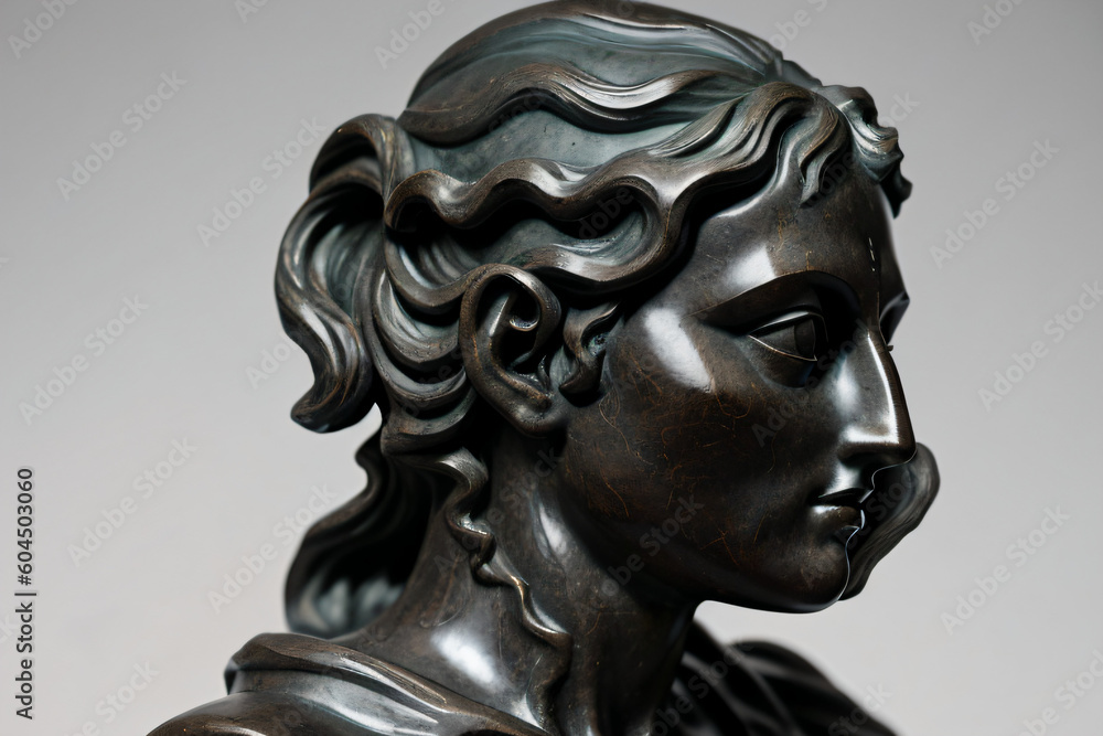 Metal statue of a woman from ancient Greece. Greek culture. Roman era art and history. Side profile of a statue. Metal statue of a woman from ancient Greece. Greek culture. Roman era art and history. Side profile of a statue.