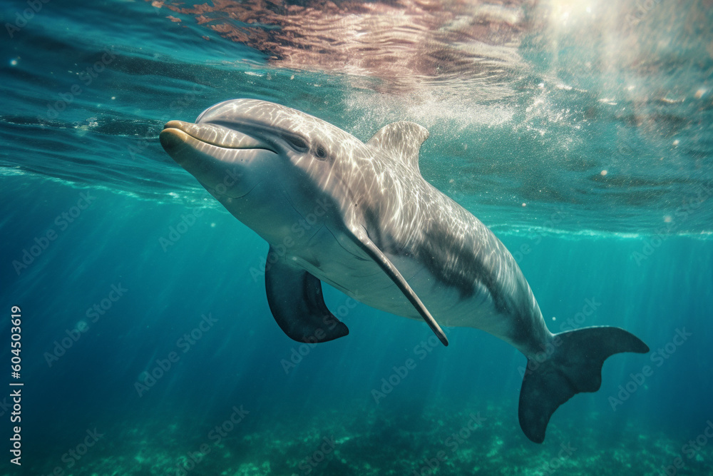 Fototapeta premium An image of an underwater Dolphin with Sunlight, Generative AI