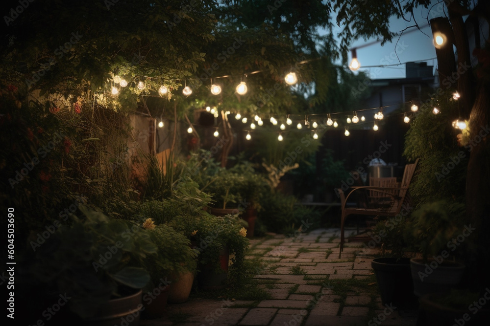 An outdoor string of lights in the garden in the beautiful evening, Generative AI