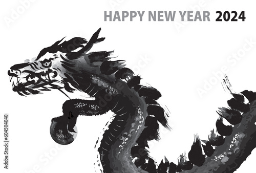 水墨の龍のモノクロシンプル年賀状テンプレート2024（横）