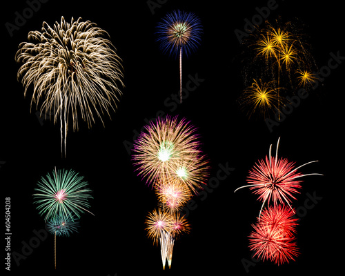 Beautiful light for celebration of Festive colorful fireworks display on night sky, isolated on black background