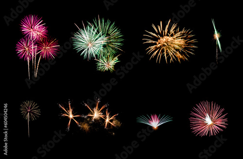 Variety of colorful fireworks isolated on black background