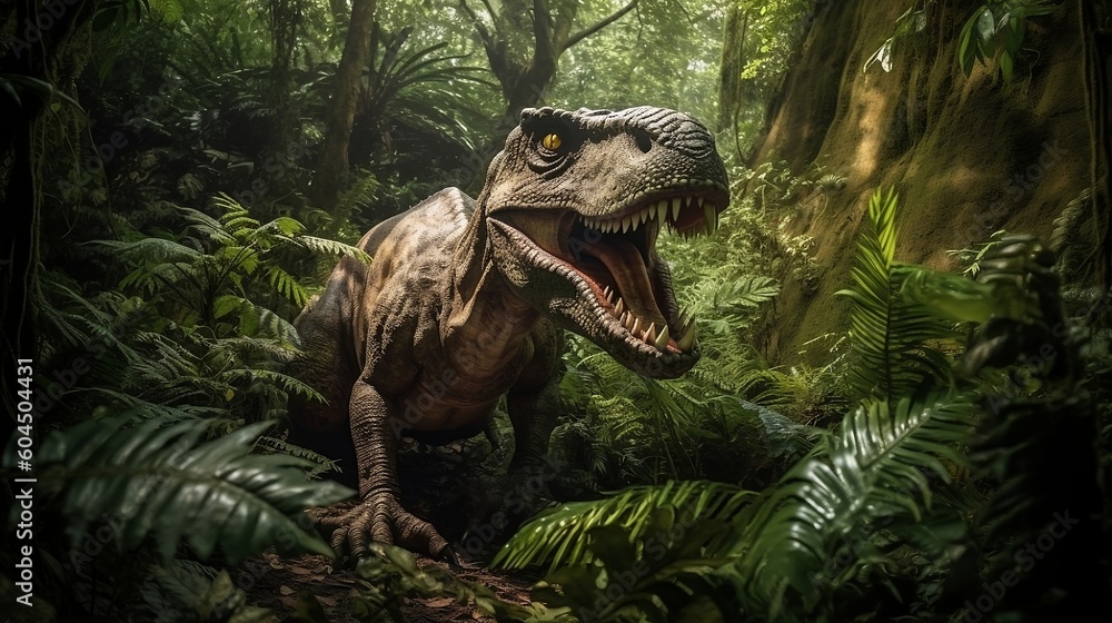 Tyrannosaurus Rex in the jungle. Generative AI Tyrannosaurus Rex in the jungle. Generative AI