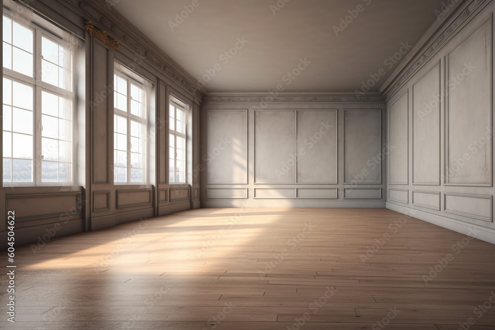 An empty room with wooden floors and large windows, Generative AI An empty room with wooden floors and large windows, Generative AI