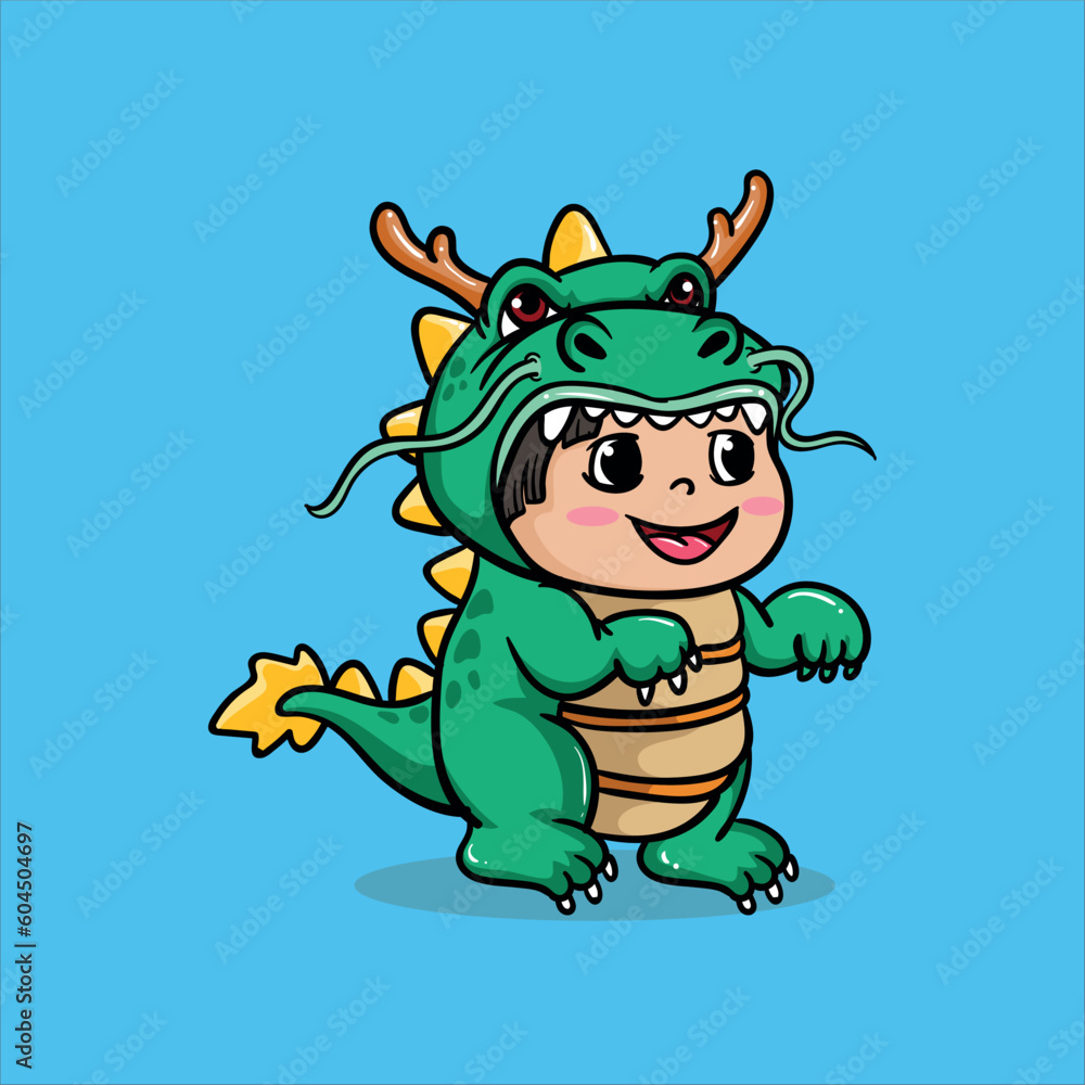 Vector cartoon little boy wearing dragon costume blue background Vector cartoon little boy wearing dragon costume blue background