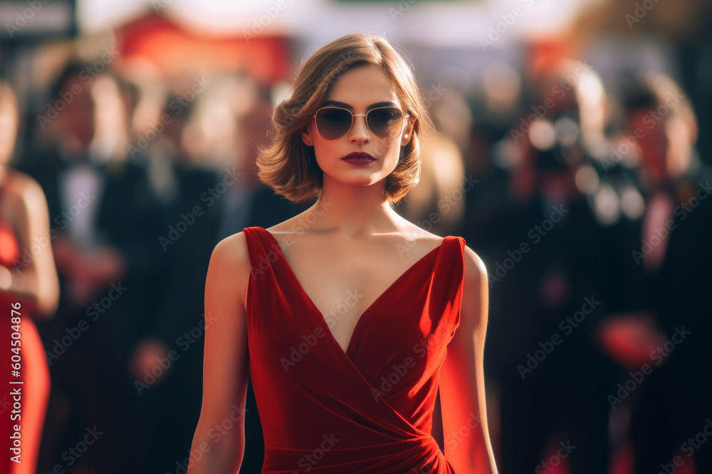 Woman Actress Influences Posing on a Red Carpet Front of Media, beautiful girl, Generative AI Woman Actress Influences Posing on a Red Carpet Front of Media, beautiful girl, Generative AI