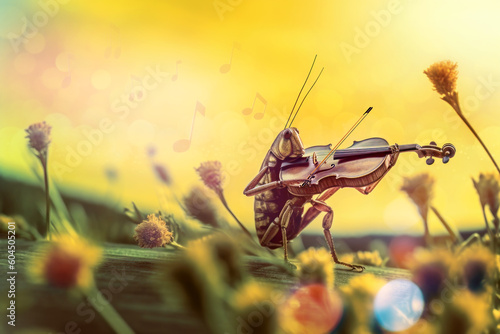 Grasshopper playing his fiddle enjoying the summer instead of working, old fable, Generative AI