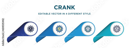 crank icon in 4 different styles such as filled, color, glyph, colorful, lineal color. set of vector for web, mobile, ui