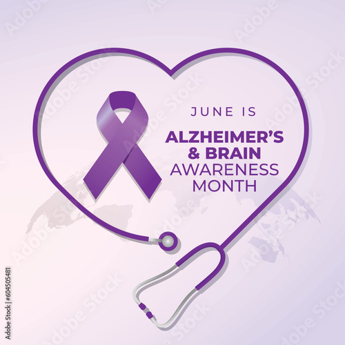 alzheimer's and brain awareness month design template for celebration. alzheimer's and brain awareness month. purple ribbon design. flat ribbon vector. 