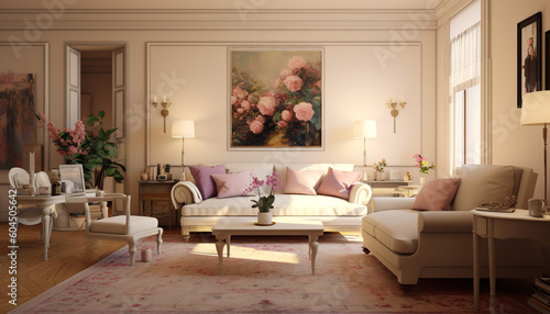 A room with cream walls that are accented with beige  and white furniture and decor  There are small pops of color in the form of pink throw pillows  art  and plants  A vintage rug in shades of purple
