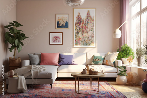 A room with cream walls that are accented with beige, and white furniture and decor, There are small pops of color in the form of pink throw pillows, art, and plants, A vintage rug in shades of purple