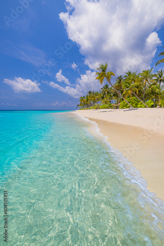 Fototapeta Naklejka Na Ścianę i Meble -  Best tropical beach landscape. Fantastic summer coast, vacation destination, palm trees, white sand, sunny sky. Freedom travel, amazing sea lagoon, paradise shore nature landscape. Beautiful beach