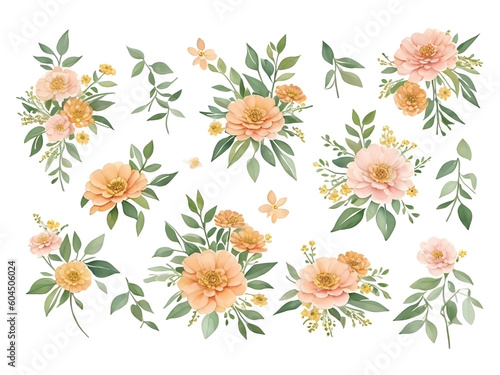 Watercolor floral illustration green leaves  sunflower  orange flowers  rose  Tulips  Dahlia  Lily  Carnation  Orchids  Transvaal daisy  branches.